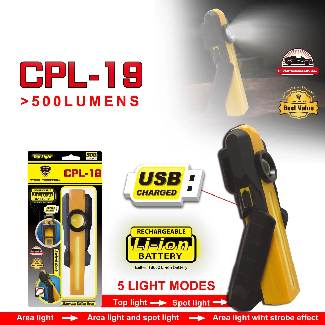 CPL-19.webp Toby's New USB Charging Multifunctional Folding Work Light COB LED Flashlight Built-in Battery Light Camping Flashlight Torch Lighter - Image 1