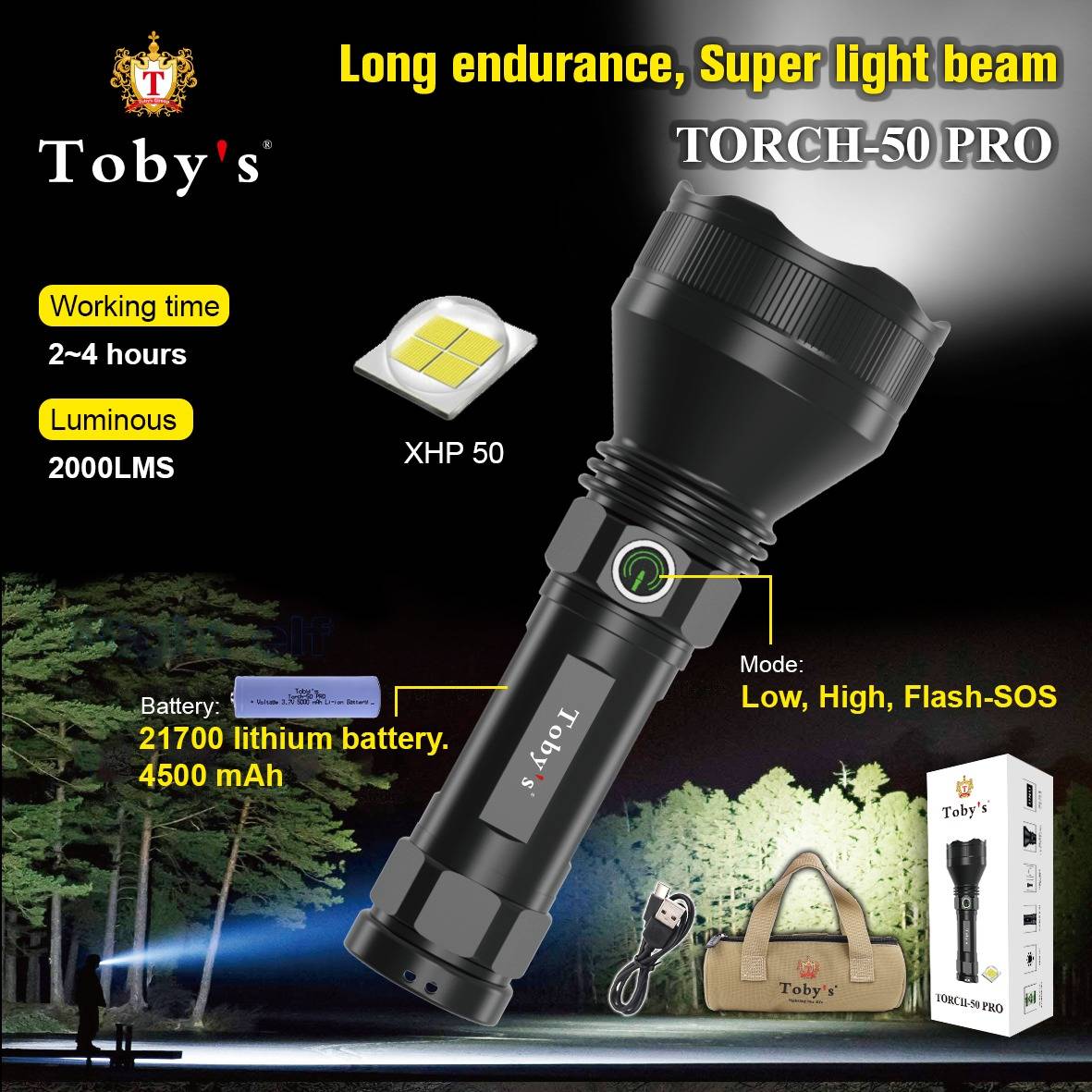TORCH-50-PRO.jpeg Toby's New Torch50 Pro Multi-Functional USB Rechargeable Aluminum Alloy Safety Emergency 21700 Power LED Flashlight - Image 1