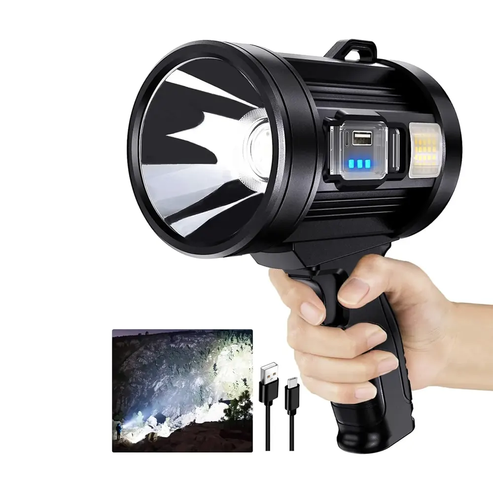 Tobysouq-Torch-55-1.webp Toby's Rechargeable Spotlight, 150000 Lumens Solar Flashlight Led Spot Light Outdoor Handheld with Cob Light, 3000mAh 4 Color 6 Modes Portable Spotlight Flashlight for Hunting Boating Marine - Image 1